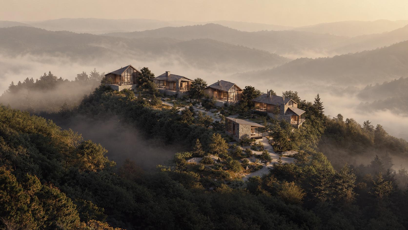 云雾山林中的度假建筑群